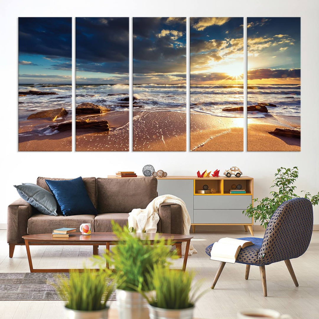 The Golden Hour Beach Sunset triptych adorns the wall with its captivating imagery.