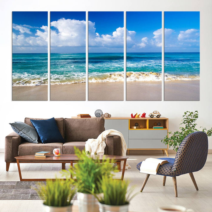 Tropical Beach 3-Panel Canvas Wall Art – Serene Ocean Waves and Blue Sky – Giclée Print for Living Room, Office, or Bedroom Coastal Decor