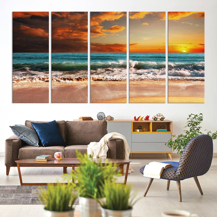 A Golden Sunset Beach triptych seascape canvas hangs on the wall.