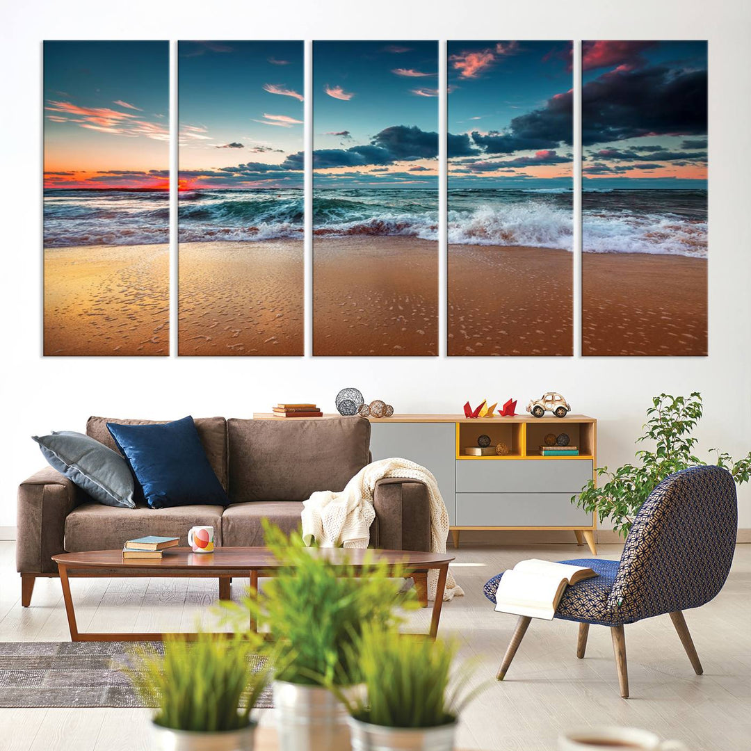 Sunset on Beach Wall Art: Waves under a vibrant sky. Crafted on museum-quality canvas, ready to hang and admire.