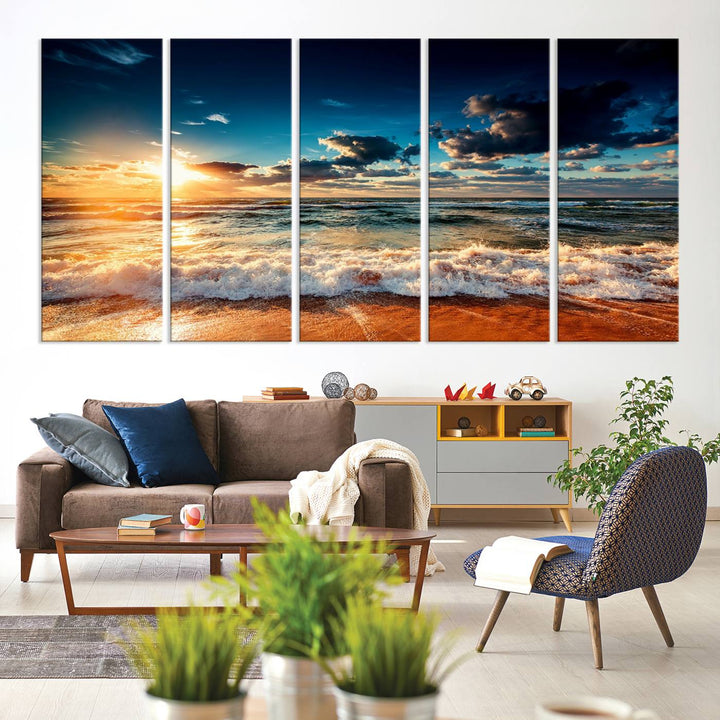 Golden Hour Sunset Over Ocean Waves Canvas: 3-Panel Coastal Landscape Art with Stunning Beach Photography Print.