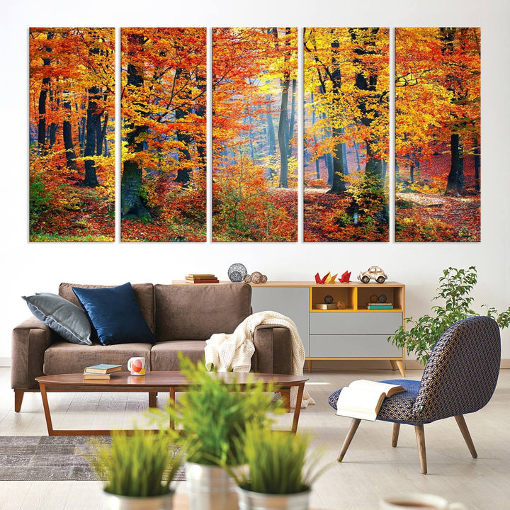 The room features an Autumn Red Forest Triptych Canvas Wall Art.