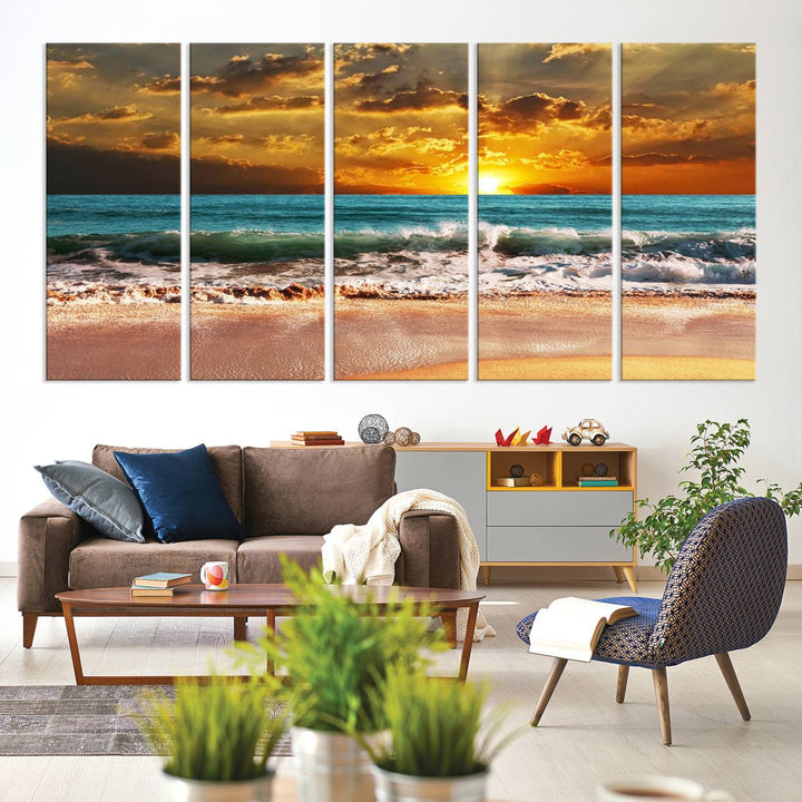 Golden Sunset Beach Canvas Triptych adorns the cozy room, creating a stunning focal point.