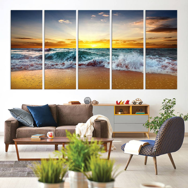 The kitchen features the Golden Sunset Ocean Waves multi-panel coastal wall art canvas.