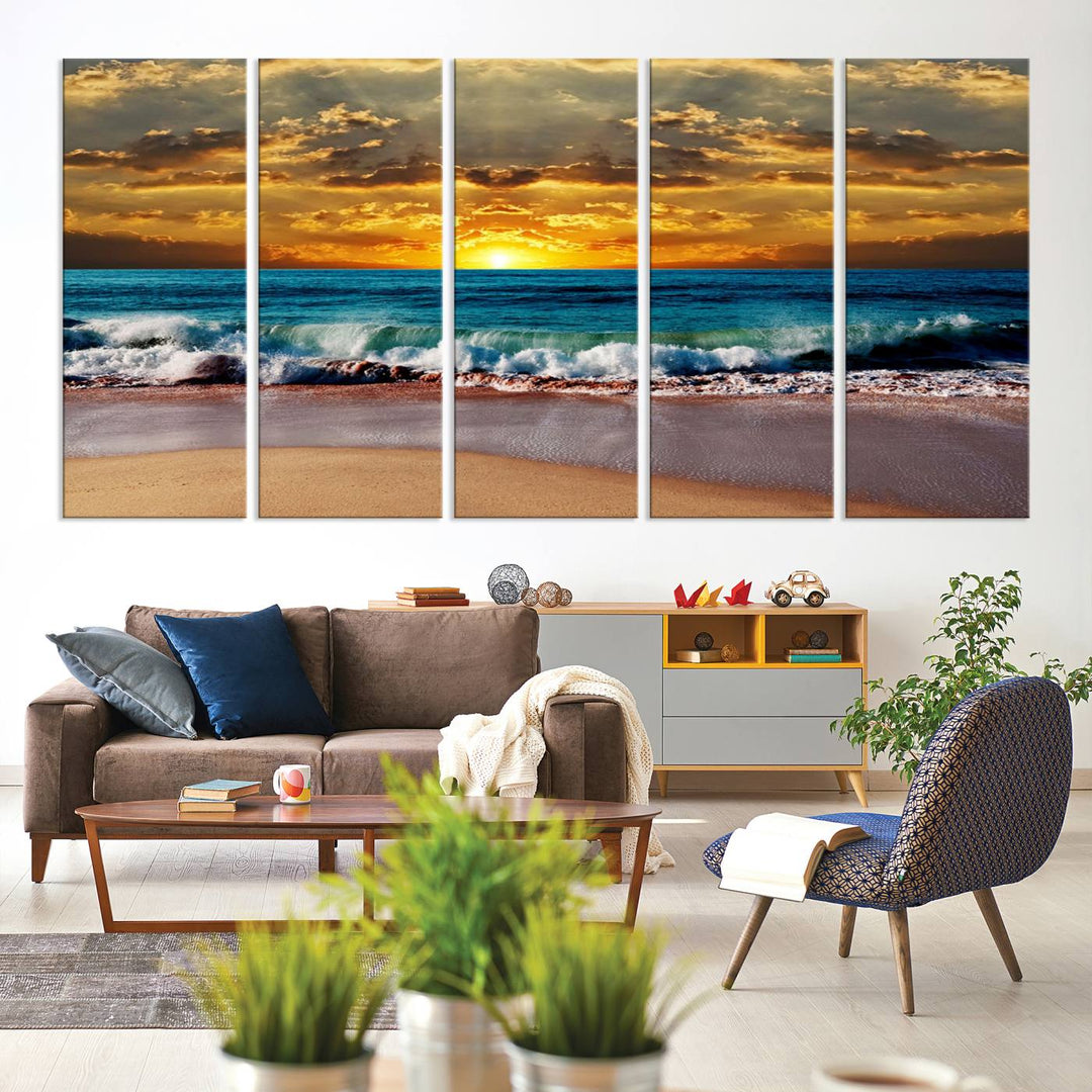 The Ocean Sunrise Over Golden Beach Waves wall art is prominently displayed, capturing the serene beauty of a beach at sunrise.