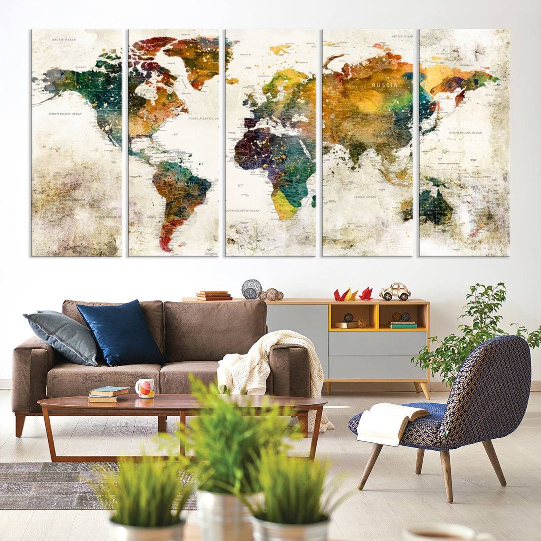 A 3-panel vintage world map canvas art is displayed.