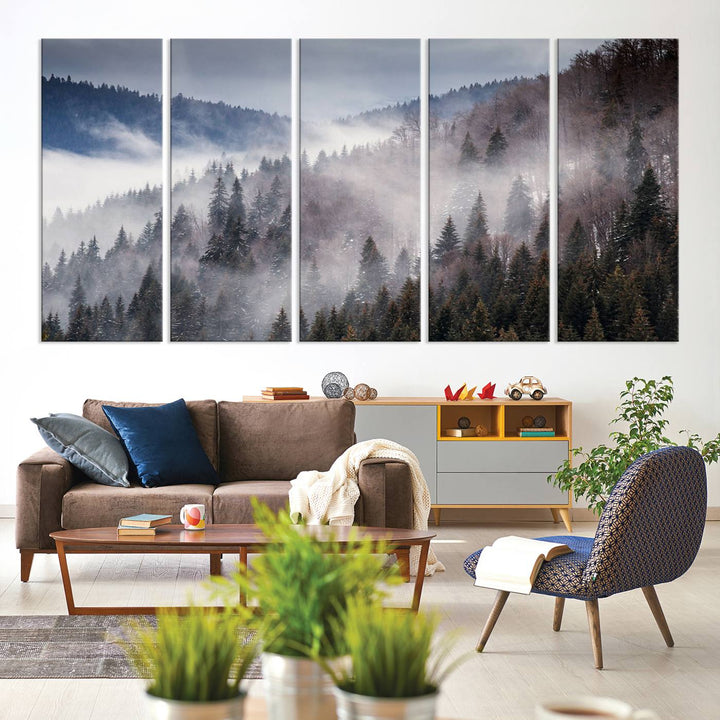 A museum-quality canvas of Beautiful Rising Fog in Winter Mountain Landscape hangs on the wall.