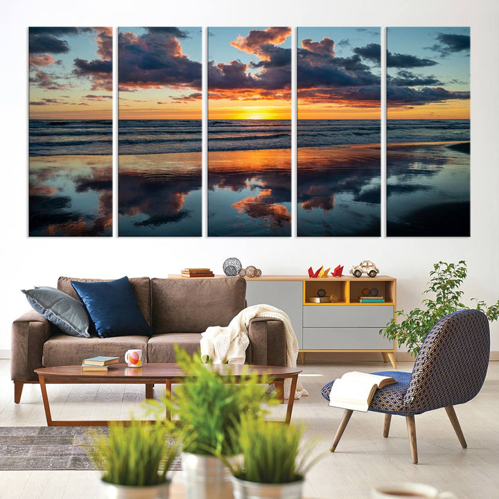 A Beach Sunset Print - Stunning Ocean Canvas Artwork adorns the wall.