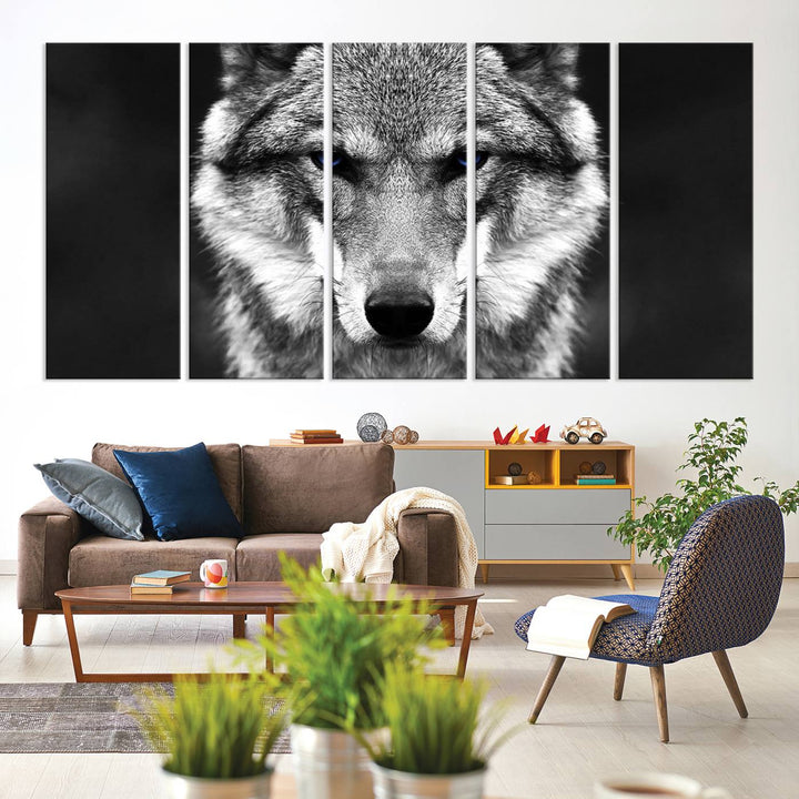 A ready-to-hang Black and White Wild Wolf Wall Art Canvas Print.