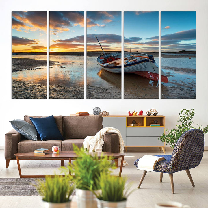 The Small Boat At The Beach Sunset wall art canvas print features UV coating, is museum-quality, and is ready to hang.