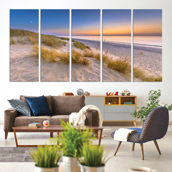 The cozy kitchen features the Sunrise On The Beach canvas art.