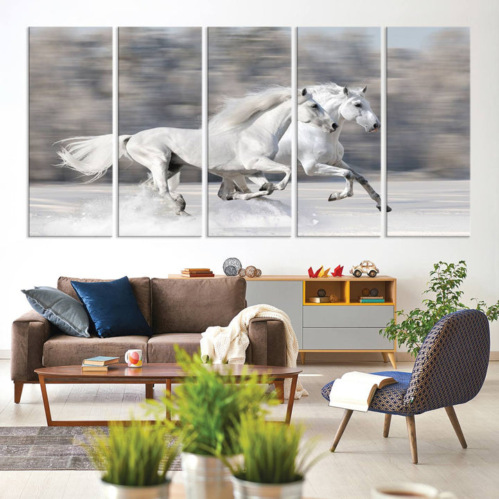 Museum-quality All The White Horses canvas print of two white horses in snow, ready to hang.