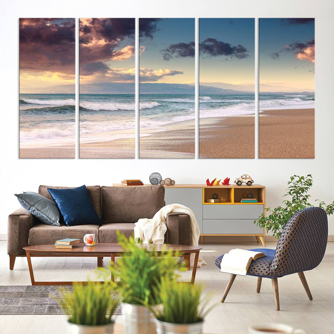 The dining area is enhanced with the Cloudy Weather Beach Sunset Canvas Print.