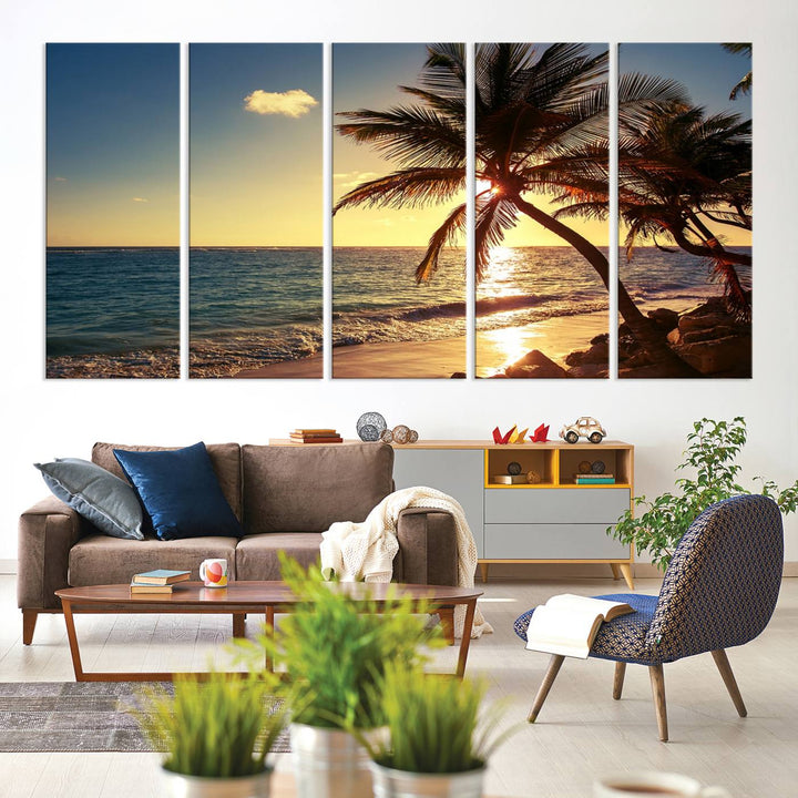 Sunset Palm Trees Wall Art Canvas Print: a serene beach scene on museum-quality canvas.