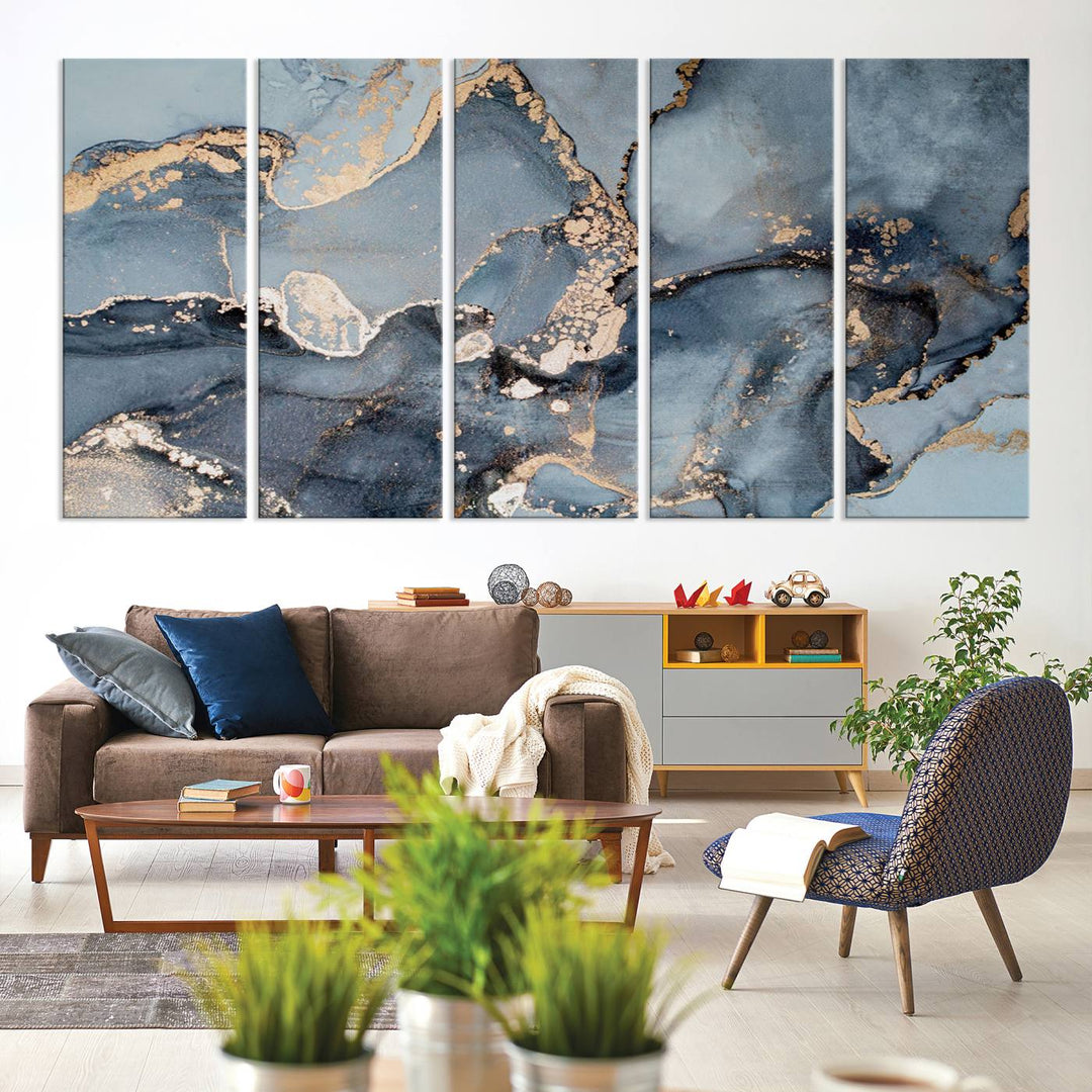 A Multipanel Marble Fluid Effect Canvas Print hangs prominently on the wall.