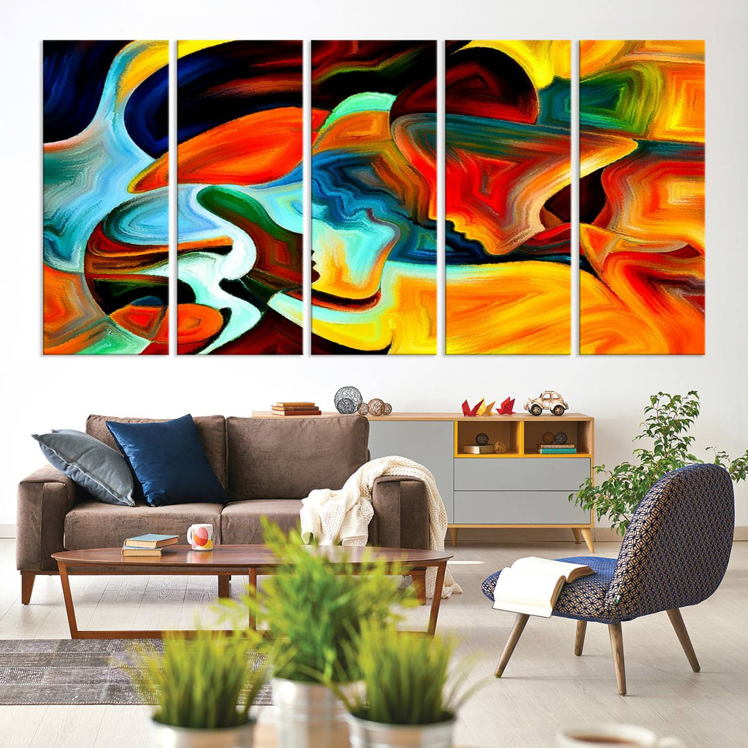 The kitchen wall features the Human Love Figures Abstract Wall Art Canvas Print.