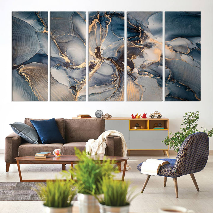 Abstract wall art canvas print is displayed prominently, adding a modern touch to the decor.