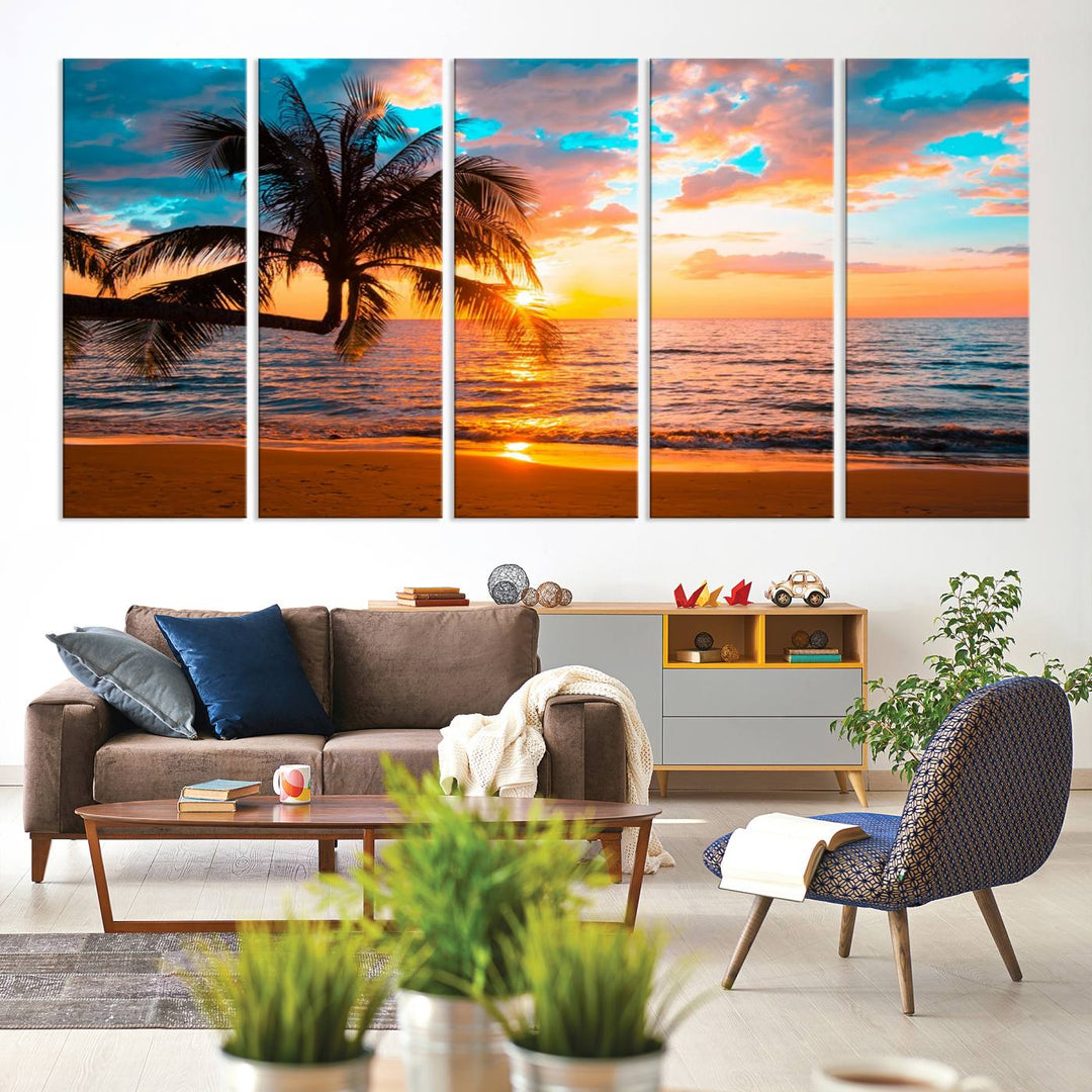 The Palm Tree Sunset On The Beach ready-to-hang canvas wall art—museum quality—brings a serene atmosphere to the room.