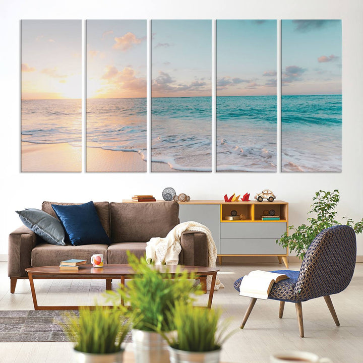 The room features a 3-panel Tranquil Ocean Beach Sunset Canvas Wall Art.