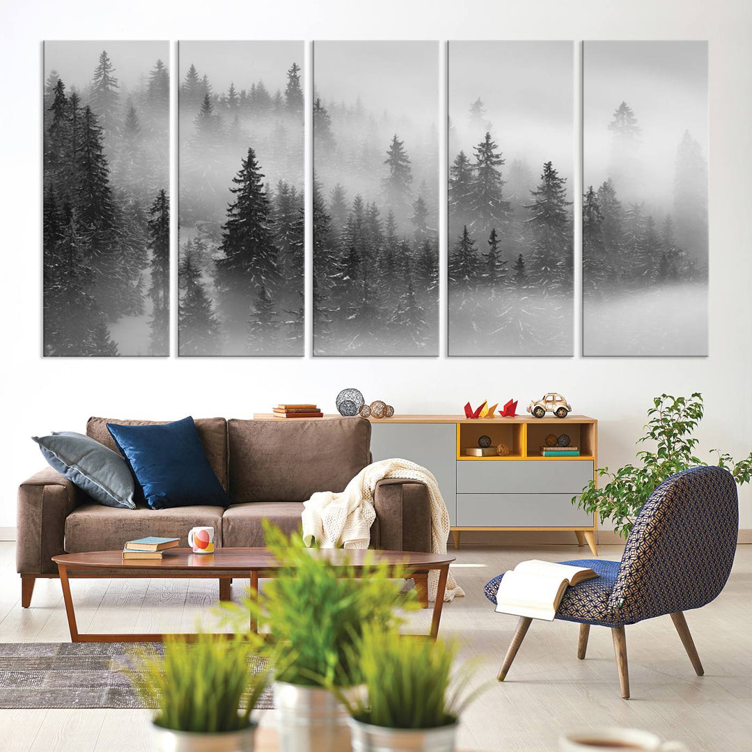 A stunning Foggy Misty Forest Canvas Wall Art adorns the kitchen wall.