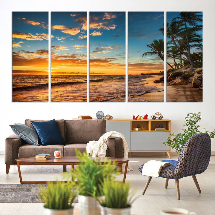 A stunning beach sunset on a museum-quality Sunset Wall Art Canvas Print adorns the kitchen wall.