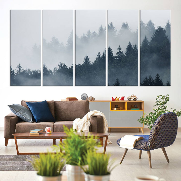 A large Foggy Pine Forest Wall Art Canvas Print.