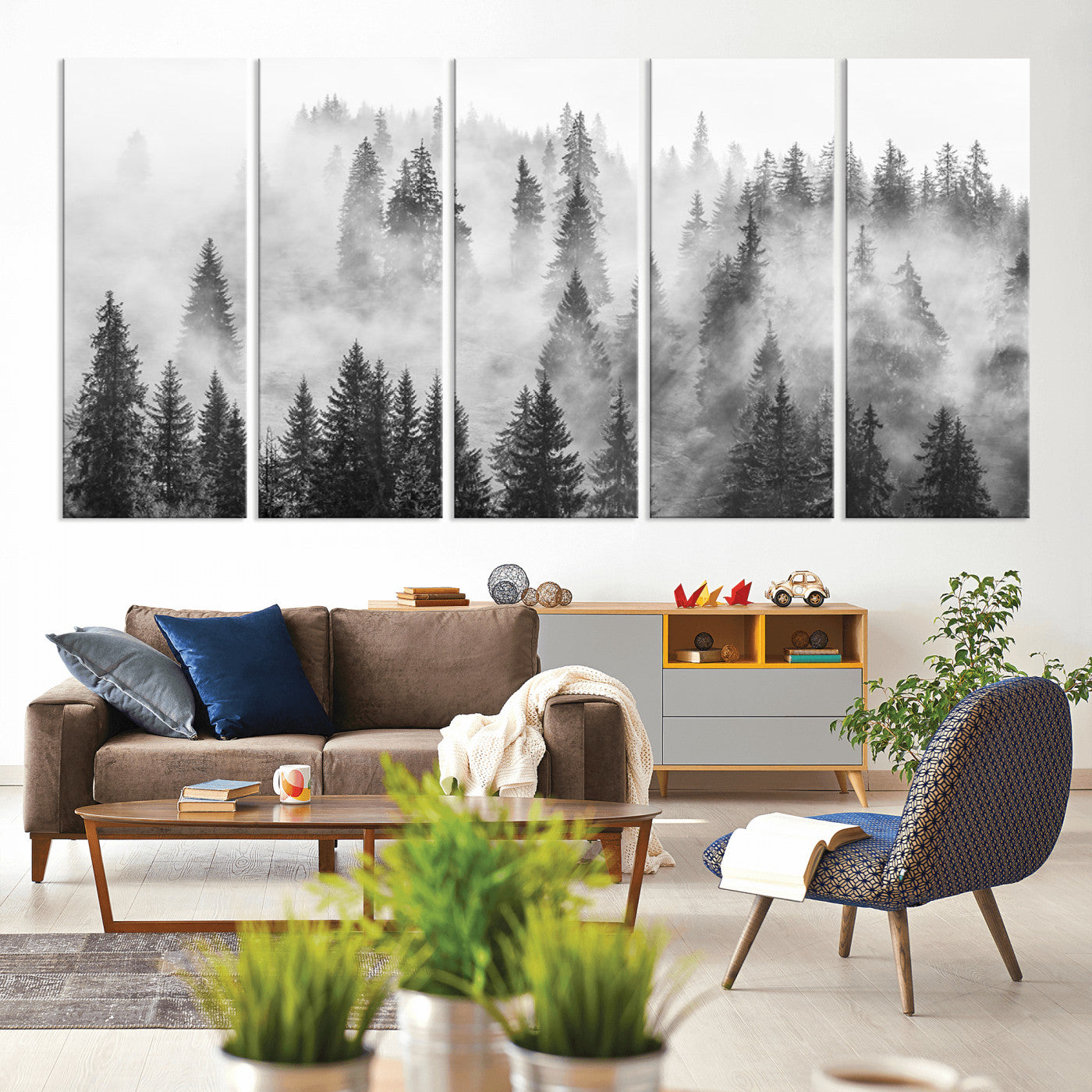 10422-MGV-CV-80X40-5P-Forest Wall Art Print | Foggy Pine Forest Canvas Wall Art - Black and White Nature Decor for Living Room