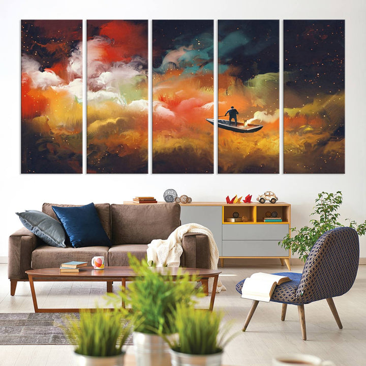 Surreal Space Adventure Canvas Wall Art features a person in a boat.