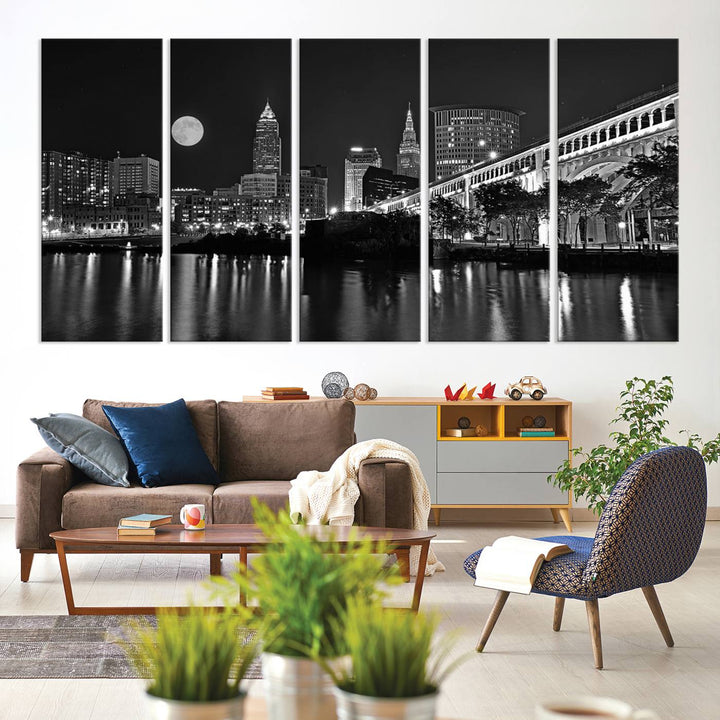 Cleveland Night Skyline Canvas Print: A museum-quality piece, ready to hang, featuring a stunning full moon and its reflections below.