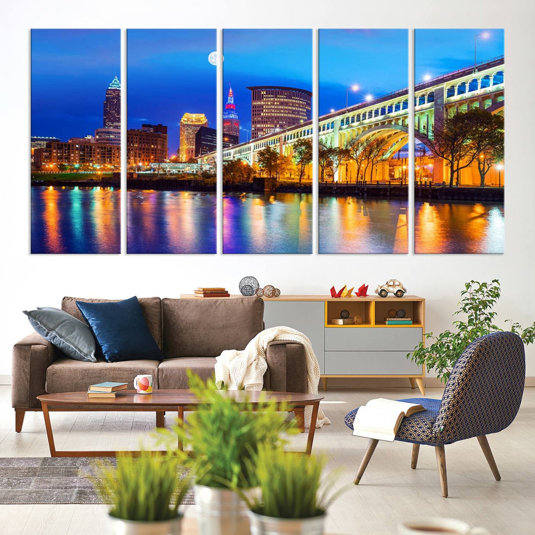 A Cleveland Night Skyline Wall Art on museum-quality canvas showcases a bridge and illuminated buildings.