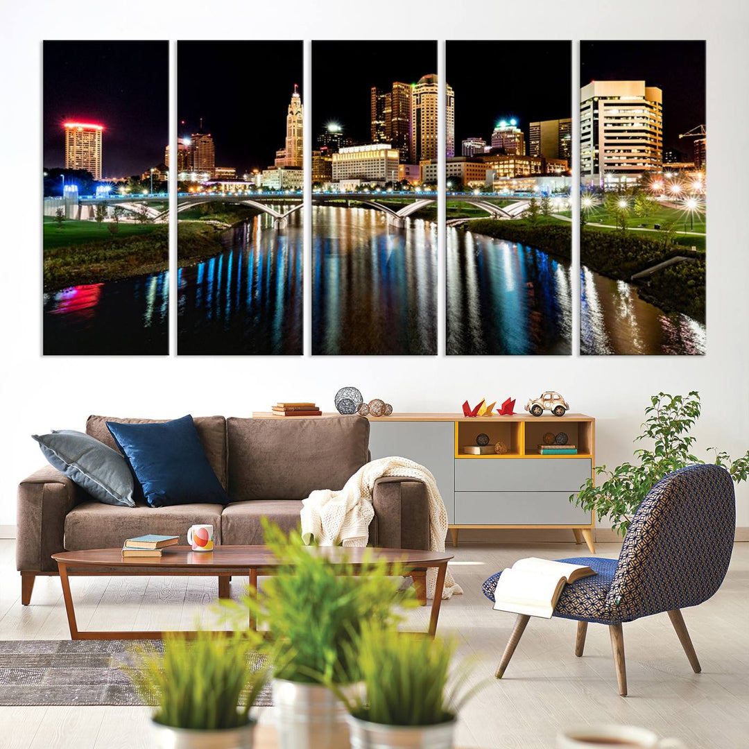 The Columbus City Lights Night Skyline Wall Art Canvas Print adorns the wall.