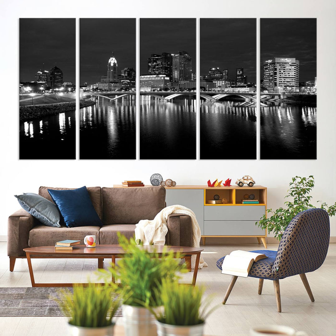 Columbus City Lights Skyline canvas print in black and white, featuring museum-quality craftsmanship and free shipping.