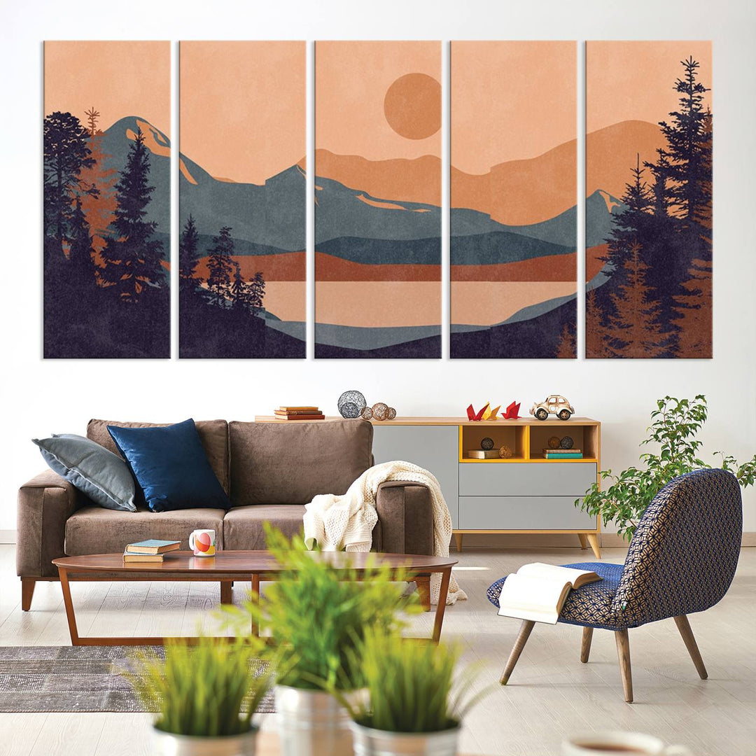 The Modern Boho Sunset Triptych displays a mountain sunset.