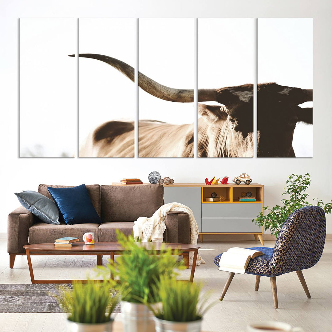 A 3-panel Texas Longhorn canvas adds a touch of rustic Western decor.