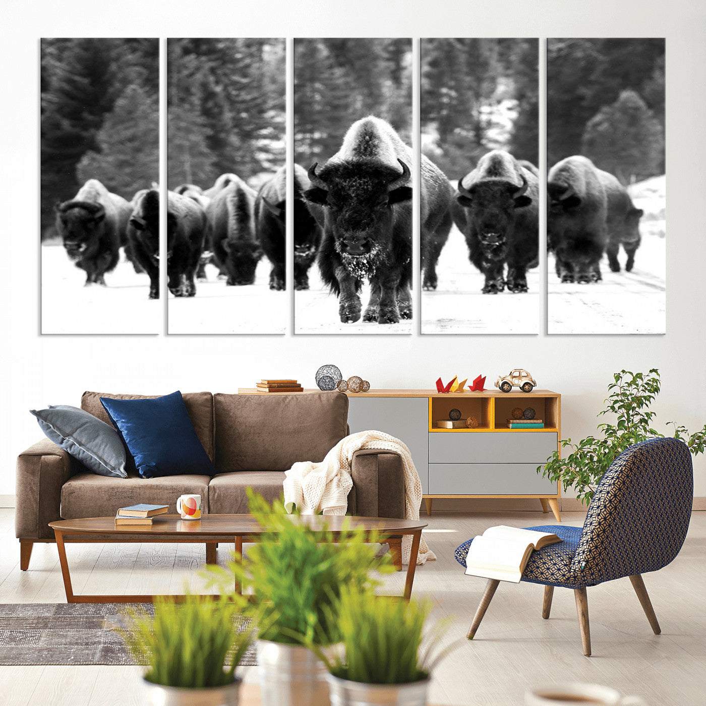 MGV-CV-60X31-5P - Bison Herd in Snow Wall Art Canvas Print | Rustic Western Bison Wall Art for Decor for Living Room, Office, and Farmhouse Decor | Framed Large Bison Giclee Canvas Print