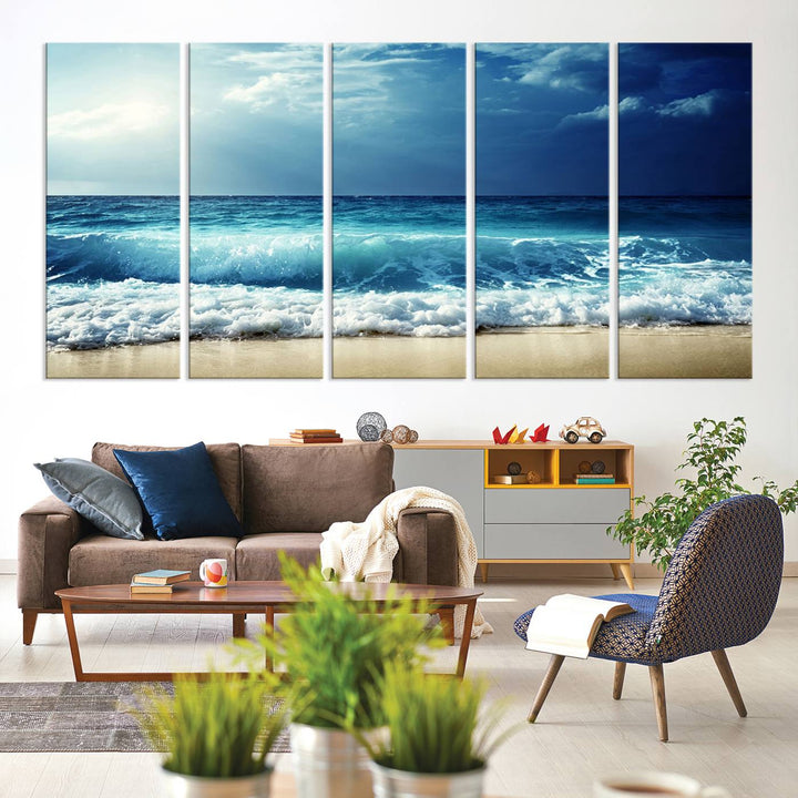 The Majestic Ocean Wave Wall Art Canvas, a 3-panel seascape print, is featured prominently.