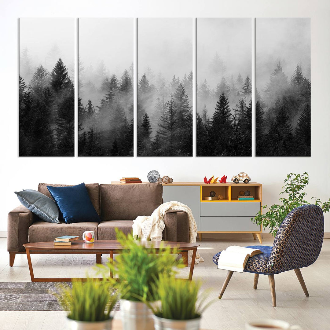 Black and white canvas art depicts a misty pine forest, offering a dense landscape that appeals to nature and woodland art lovers.