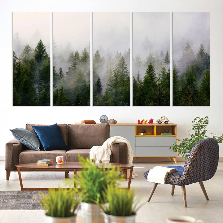 A serene, foggy evergreen forest creates a mysterious atmosphere, ideal for premium canvas wall art.