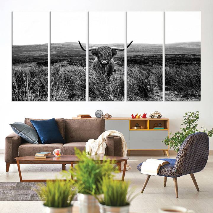 Dining room featuring a Black and White Highland Cow Canvas for a Western-themed decor.