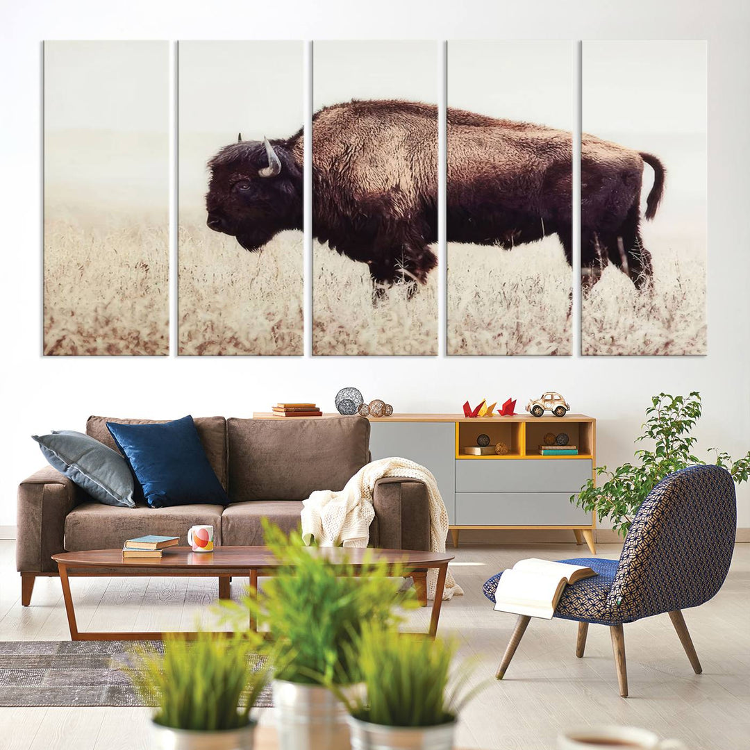 The dining room showcases the Bison in Field canvas print.