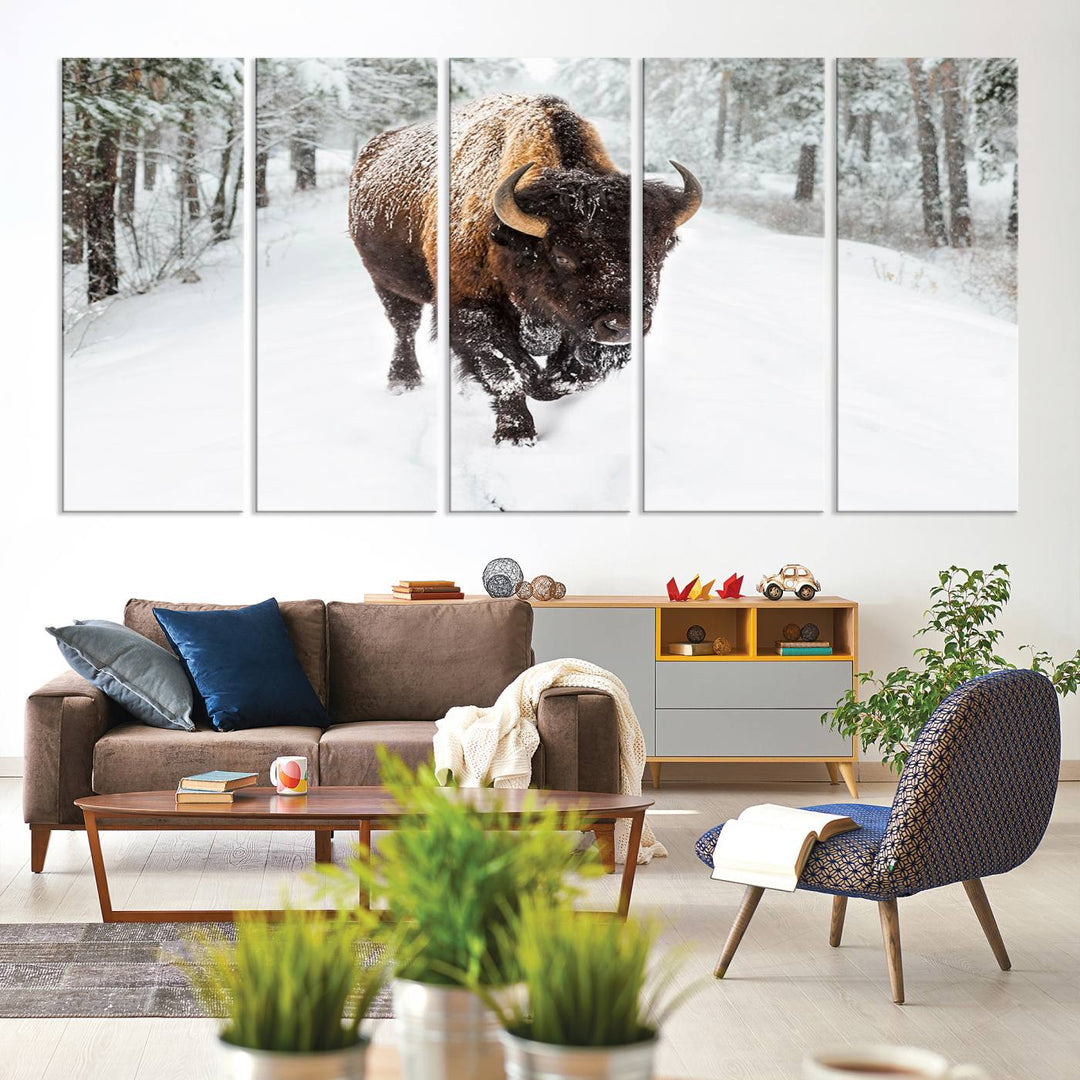 The dining area showcases the Bison Wall Art Canvas Print for Farmhouse.