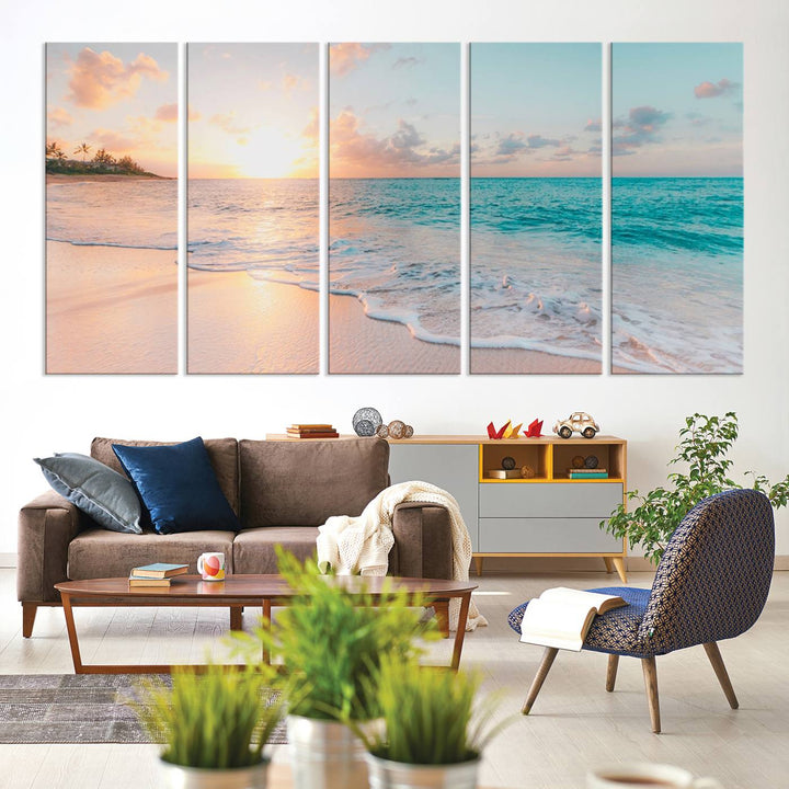 The kitchen features the Beach Sunrise Wall Art, Coastal Sunset Beach Scene.