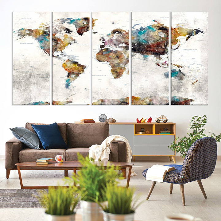 The Colorful World Map Wall Art Canvas Print adds vibrance to the space, ideal for geography lovers.