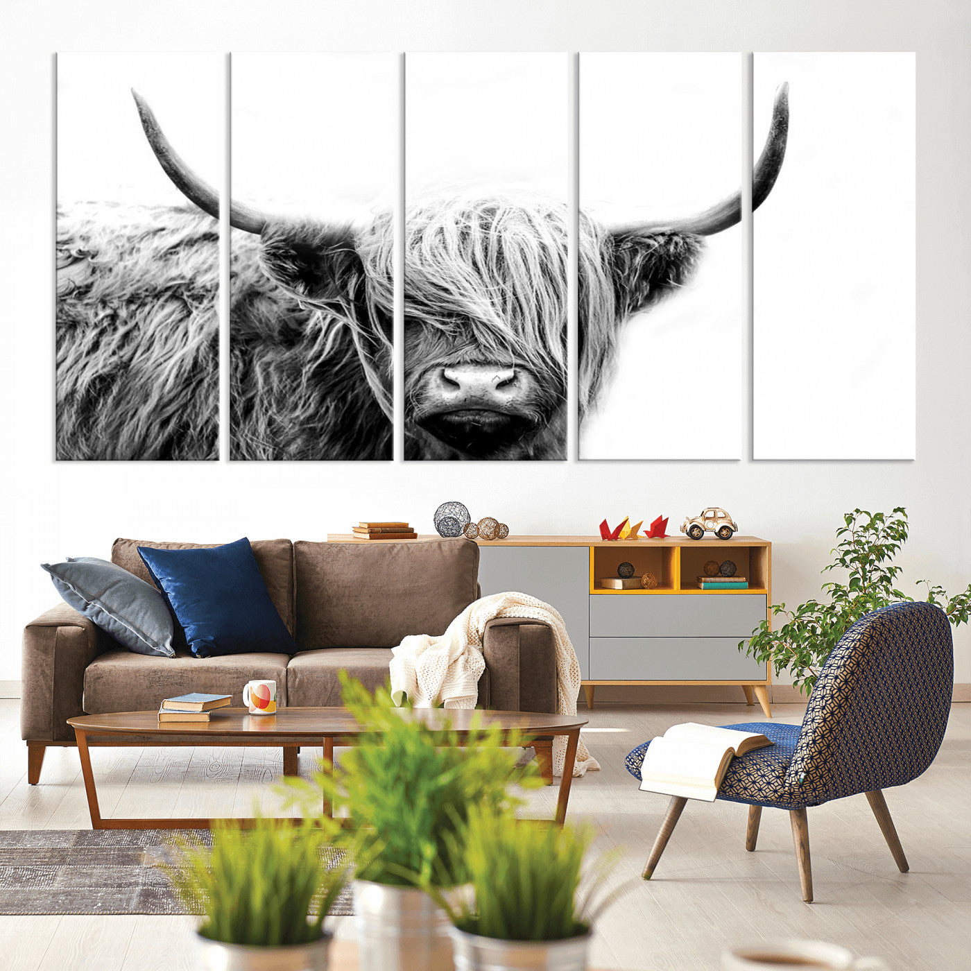 MGV-CV-60X31-5P - Black White Scottish Highland Cow Cattle Art Print Farmhouse Wall Art Canvas Print