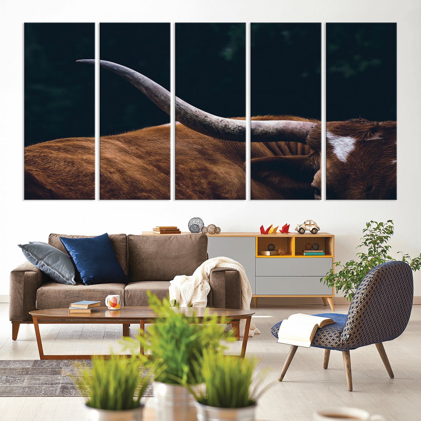 MGV-CV-60X31-5P - Texas Longhorn Bull Wall Art Canvas Print - Large Framed Canvas Wall Art, Animal Print for Rustic Home or Office Décor, Farmhouse Cabin Wall Decor