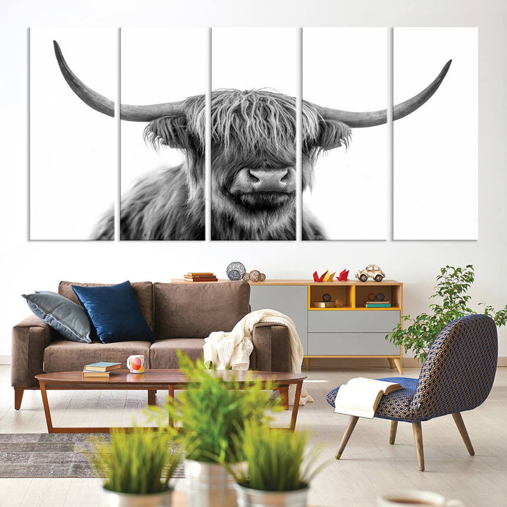 A Scottish Highland Cow Art Canvas adds charm to the farmhouse decor.