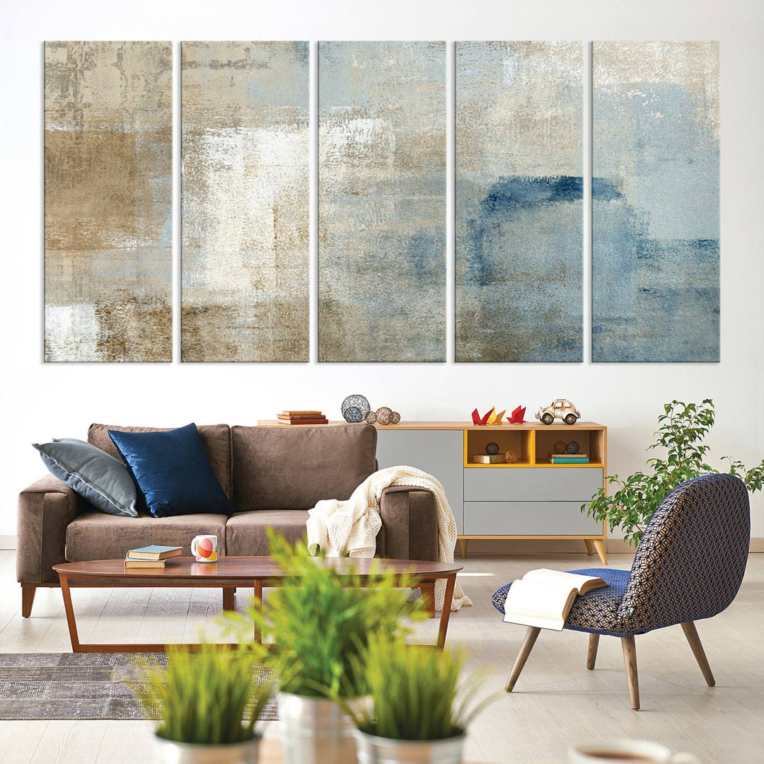 Abstract Blue and Beige Wall Art canvas print set with a modern minimalist aesthetic.