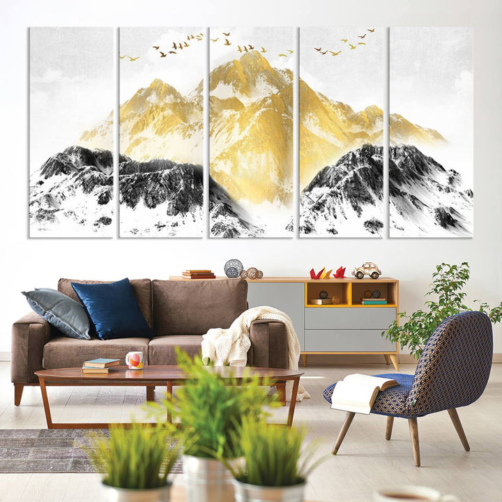 Golden Mountain Triptych Wall Art features gold-tinted mountains and birds.