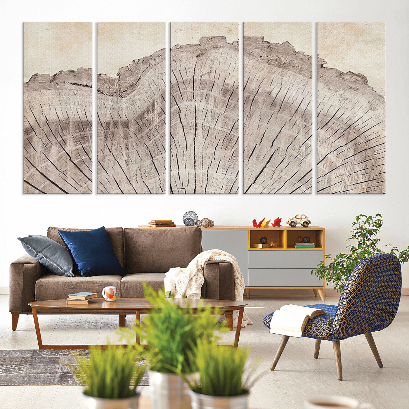 MGV-CV-60X31-5P - Tree Ring Wall Art Triptych, Rustic Wood Ring Canvas Print, Minimalist Wall Decor for Modern Homes and Farmhouse Decor