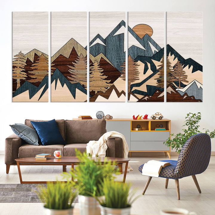 A Woodland Mountain Landscape Triptych serves as the centerpiece of the rustic decor.